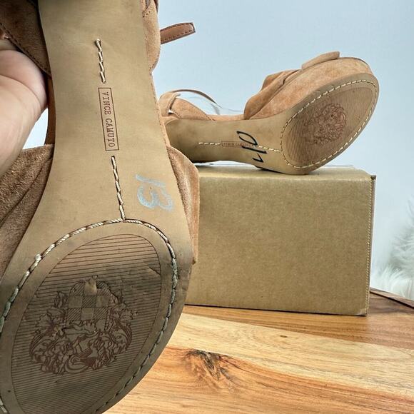 Vince Camuto Tan Suede Platform 8.5M Stiletto Heels Knotted Ankle Strap Sandals - Picture 13 of 16